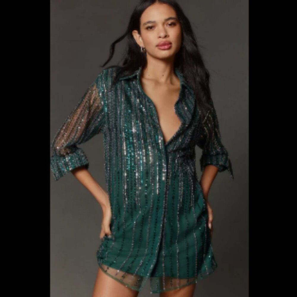 Brand New by Anthropologie Blue Tassel Sequin Stripe Mini Shirt Dress